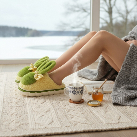 Papuci de casă - Papuci de casa pufosi, model Iepuras L633verde