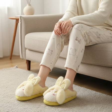 Papuci de casă - Papuci de casa pufosi, model Iepuras L638galben