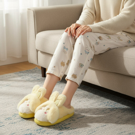 Papuci de casă - Papuci de casa pufosi, model Iepuras L638galben