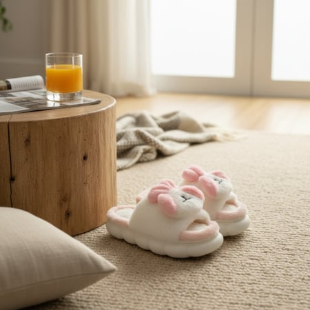 Papuci de casă - Papuci de casa pufosi, model Iepuras P2079roz