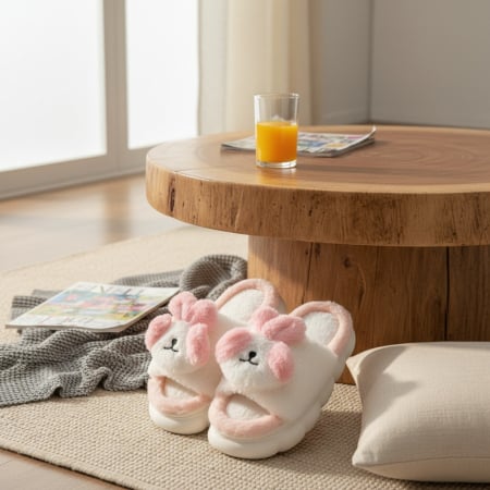 Papuci de casă - Papuci de casa pufosi, model Iepuras P2079roz