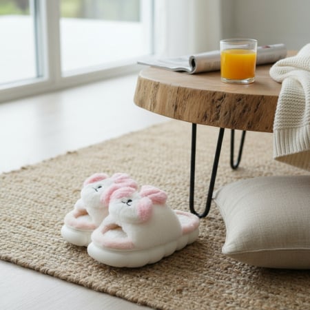 Papuci de casă - Papuci de casa pufosi, model Iepuras P2079roz