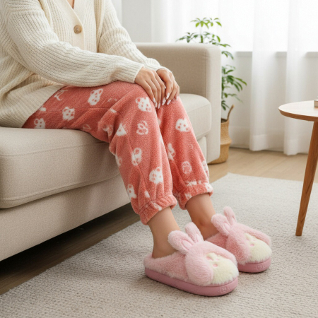 Papuci de casă - Papuci de casa pufosi, model Iepuras L638roz