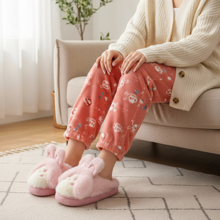 Papuci de casă - Papuci de casa pufosi, model Iepuras L638roz