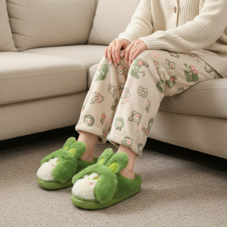 Papuci de casă - Papuci de casa pufosi, model Iepuras L638verde