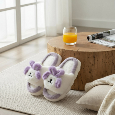 Încălțăminte damă - Papuci de casa pufosi, model Iepuras P2079mov