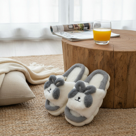 Papuci de casa pufosi, model Iepuras P2079gri [6]
