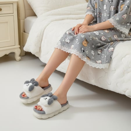 Papuci de casă - Papuci de casa pufosi, model Iepuras P2079gri