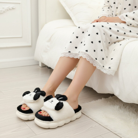 Papuci de casă - Papuci de casa pufosi, model Iepuras P2079negru