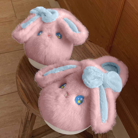 Papuci de casă - Papuci de casa pufosi, model Iepure amuzant C106roz