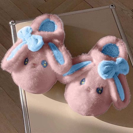 Papuci de casă - Papuci de casa pufosi, model Iepure amuzant C106roz