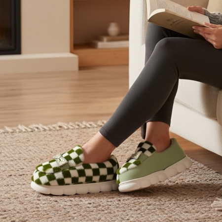 Damă - Papuci de casa pufosi, model in carouri F-4verde