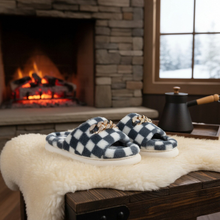 Papuci de casa pufosi, model in carouri H15gri albastrui [6]