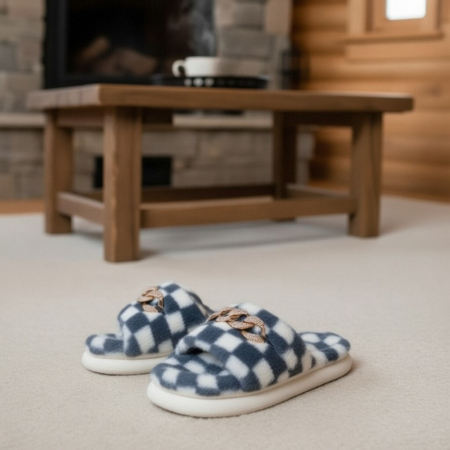 Papuci de casă - Papuci de casa pufosi, model in carouri H15gri albastrui