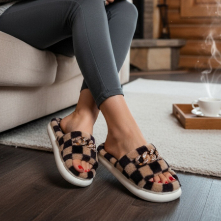 Damă - Papuci de casa pufosi, model in carouri H15maro