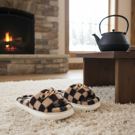 Papuci de casa pufosi, model in carouri H15maro [8]