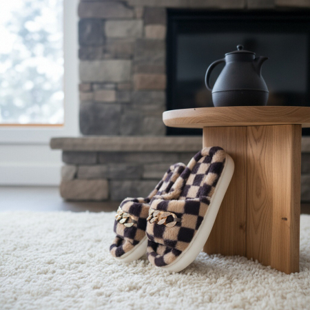 Papuci de casa pufosi, model in carouri H15maro [9]