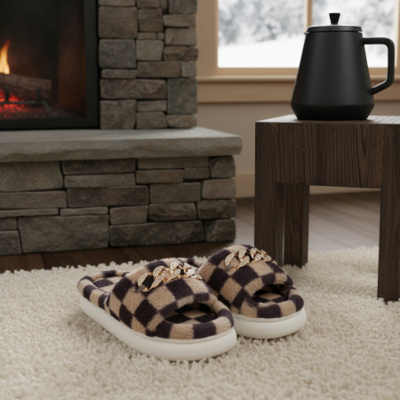 Papuci de casa pufosi, model in carouri H15maro [10]