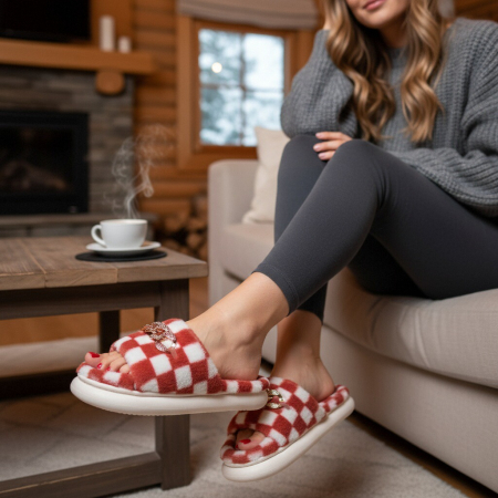 Damă - Papuci de casa pufosi, model in carouri H15roz