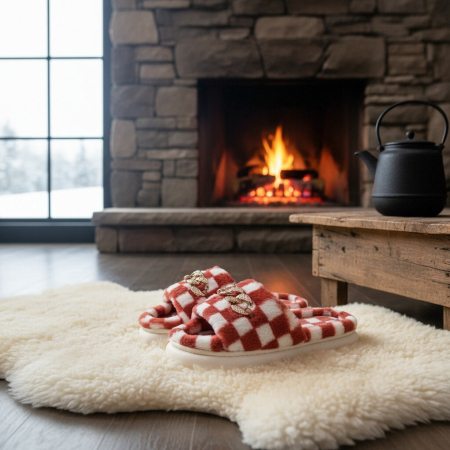 Papuci de casa pufosi, model in carouri H15roz [6]