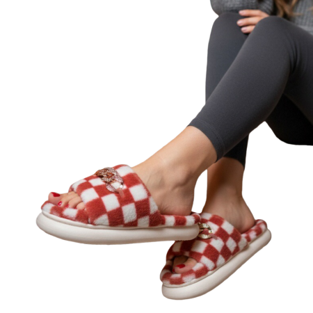 Damă - Papuci de casa pufosi, model in carouri H15roz