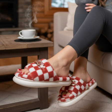 Papuci de casa pufosi, model in carouri H15roz [8]