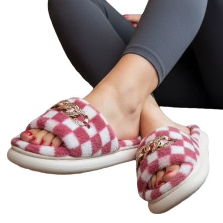 Încălțăminte damă - Papuci de casa pufosi, model in carouri H15mov