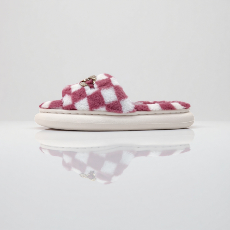 Încălțăminte damă - Papuci de casa pufosi, model in carouri H15mov