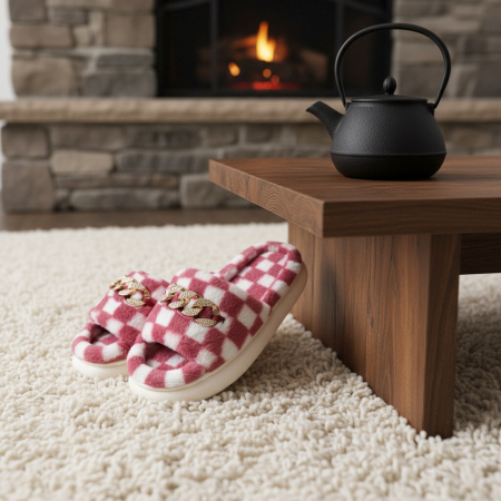 Papuci de casa pufosi, model in carouri H15mov [9]