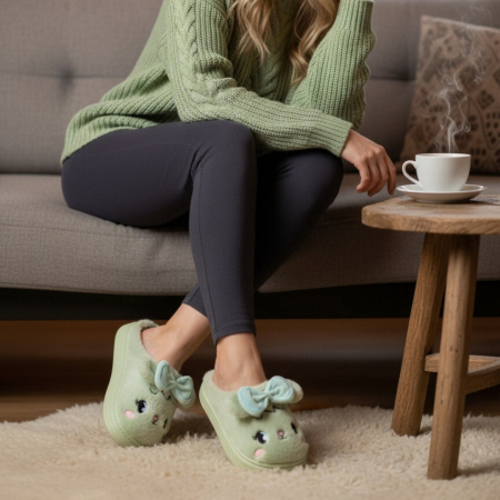 Damă - Papuci de casa pufosi si haiosi L679verde