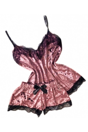 Pijamale - Set pijama catifea din doua piese, maiou si pantaloni scurti MDD-Z403roz