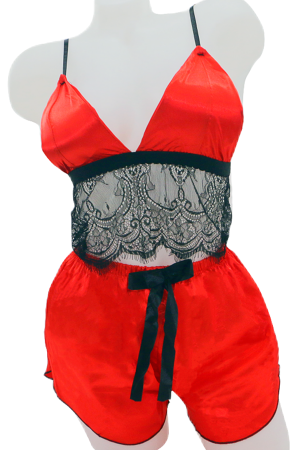 Pijamale - Set pijama doua piese, top cu insertii dantela si pantaloni scurti CS0103