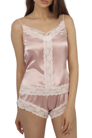 Pijamale - Set pijama doua piese cu insertii dantela, maiou si pantaloni scurti S-21roz deschis