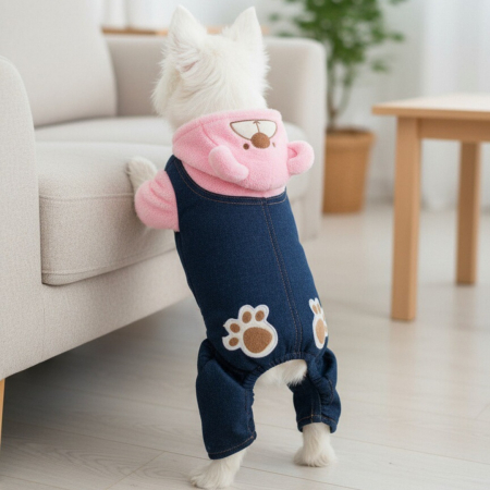 Haine - Salopeta de iarna din material denim si cocolino MDL-2419roz