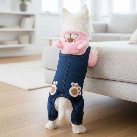 Haine - Salopeta de iarna din material denim si cocolino MDL-2419roz