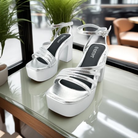 Sandale - Sandale elegante cu platforma si toc gros 1140argintiu