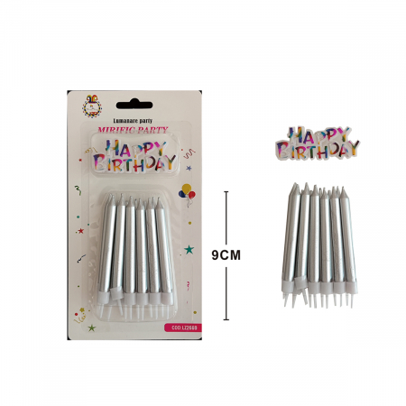Lumânări tort - Set 12 lumanari aniversare pentru tort cu suport ' Happy Birthday ' 9 cm LZ2669