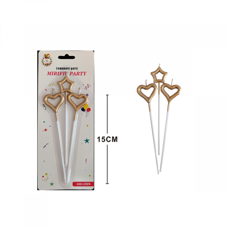 Lumânări tort - Set 3 lumanari aniversare pentru tort in forma de stea si inima 15 cm LZ2674