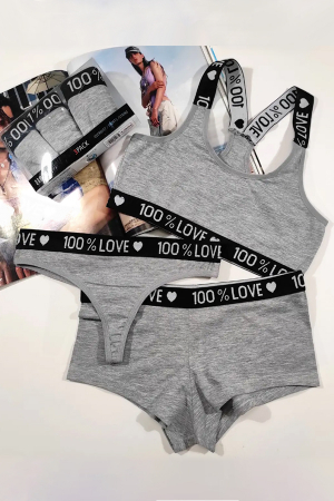 Seturi și Compleuri - Set 3 piese lenjerie intima, bustiera, boxeri si chiloti tanga 95000-5gri