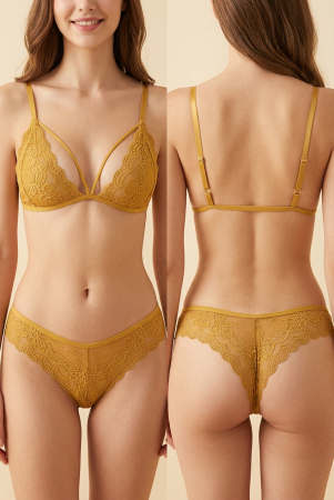 Seturi și Compleuri - Set 2 piese lenjerie intima cu dantela, sutien si chiloti brazilieni MG-7318galben