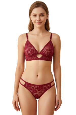 Seturi și Compleuri - Set 2 piese lenjerie intima cu dantela, top si chiloti brazilieni MG-7308visiniu