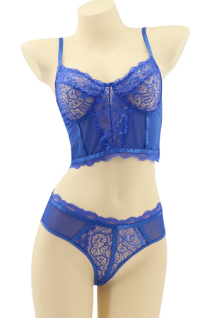 Seturi și Compleuri - Set 2 piese lenjerie intima cu dantela, top si chiloti tanga MG-8576albastru inchis