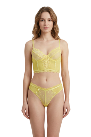 Seturi și Compleuri - Set 2 piese lenjerie intima cu dantela, top si chiloti tanga MG-8576galben