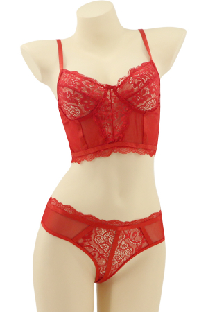 Damă - Set 2 piese lenjerie intima cu dantela, top si chiloti tanga MG-8576rosu