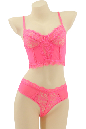 Seturi și Compleuri - Set 2 piese lenjerie intima cu dantela, top si chiloti tanga MG-8576roz
