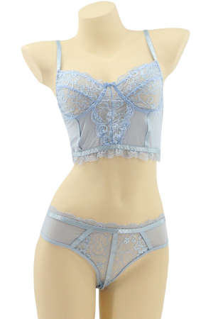 Seturi și Compleuri - Set 2 piese lenjerie intima cu dantela, top si chiloti tanga MG-8576albastru deschis