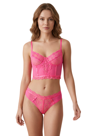 Seturi și Compleuri - Set 2 piese lenjerie intima cu dantela, top si chiloti tanga MG-8576roz