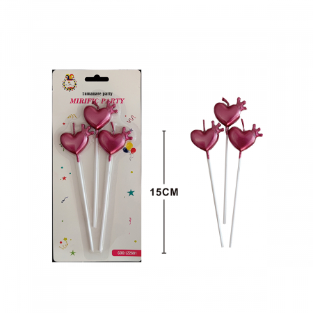 Lumânări tort - Set 3 lumanari aniversare pentru tort in forma de inima cu coronita 15 cm LZ2681