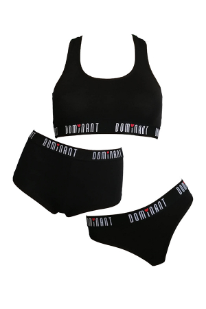 Seturi și Compleuri - Set 3 piese lenjerie intima, bustiera, boxeri si chiloti tanga 95000negru