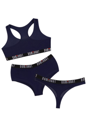 Seturi și Compleuri - Set 3 piese lenjerie intima, bustiera, boxeri si chiloti tanga 95000bleumarin